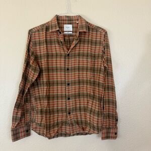 Billy Reid Brown and Orange plaid long sleeve button front shirt S